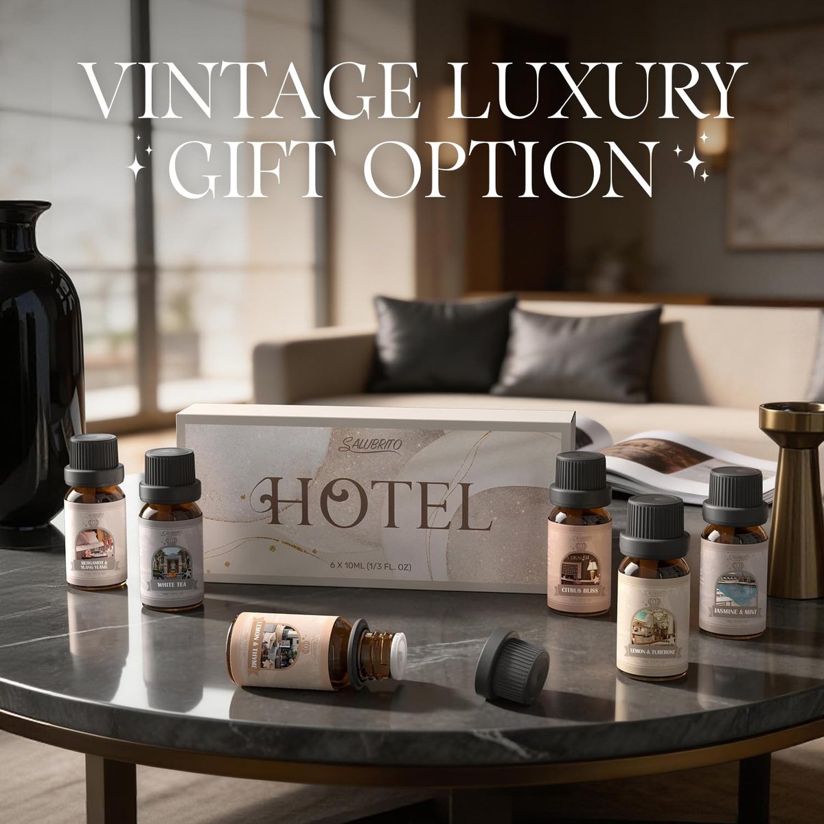 SALUBRITO Hotel Duftöl-Set, Luxuriöses ätherisches Öl-Set für Diffuser, Kerzen-, Seifenherstellung, Bergamotte & Ylang-Ylang, Weißer Tee, Zitrone & Thymian, Citrus Bliss, Zitronen-Tuberose, Jasmin & Minze