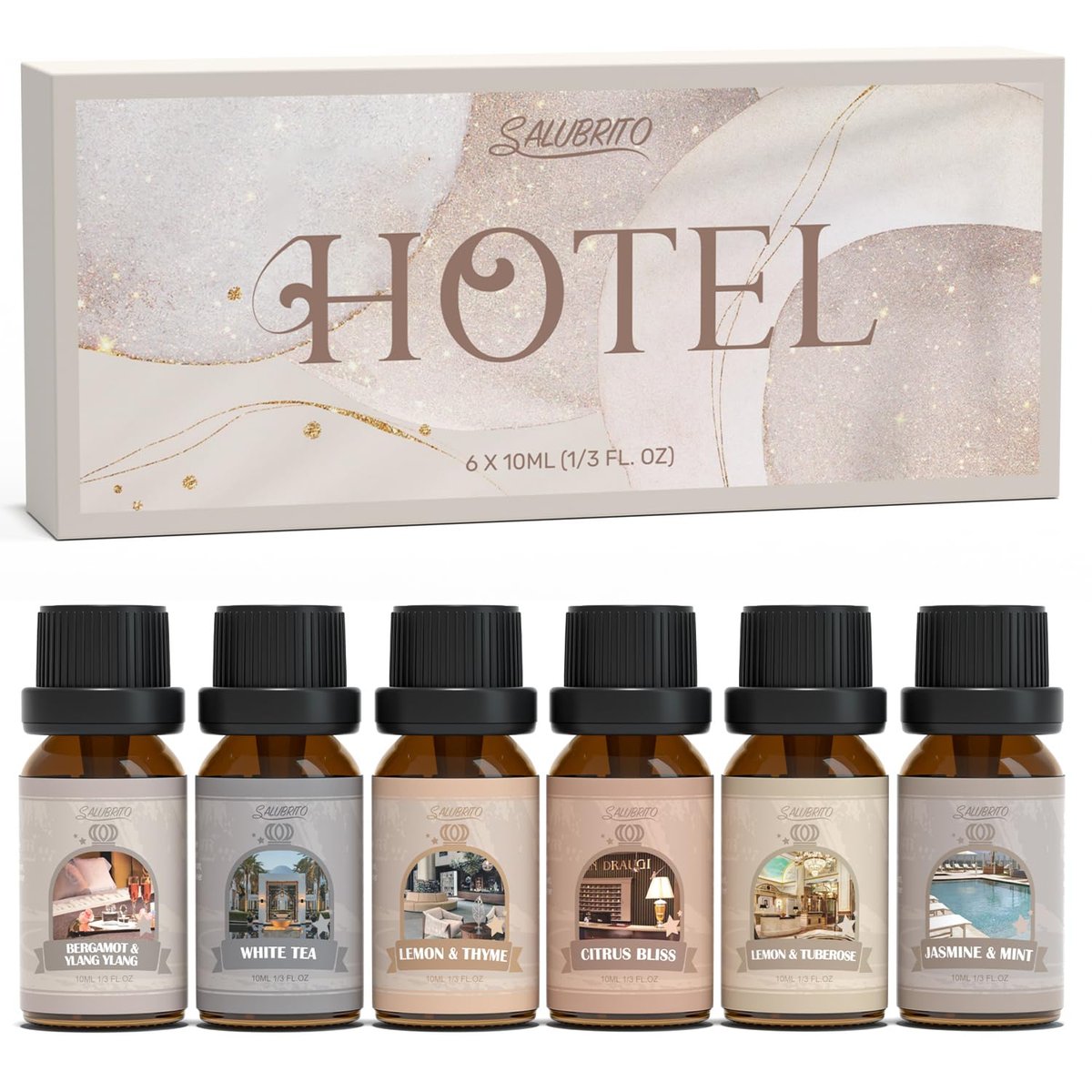 SALUBRITO Hotel Duftöl-Set, Luxuriöses ätherisches Öl-Set für Diffuser, Kerzen-, Seifenherstellung, Bergamotte & Ylang-Ylang, Weißer Tee, Zitrone & Thymian, Citrus Bliss, Zitronen-Tuberose, Jasmin & Minze