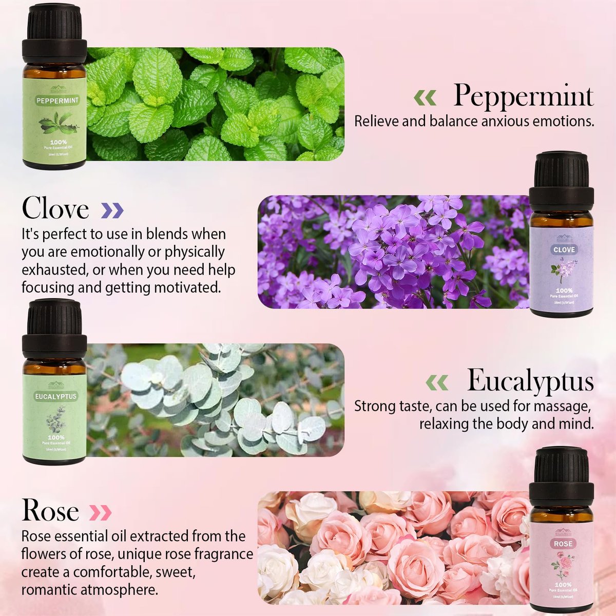 8-teiliges Set reiner ätherischer Öle für Diffuser, Haushalt, Kerzen, Seife, Reinigung, Parfüm, Wäsche – Pfefferminze, Lavendel, Rose, Nelke – Bio-Aromatherapie für Frauen und Mütter, je 10 ml, Geschenk zum Muttertag