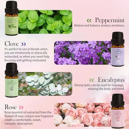 8-teiliges Set reiner ätherischer Öle für Diffuser, Haushalt, Kerzen, Seife, Reinigung, Parfüm, Wäsche – Pfefferminze, Lavendel, Rose, Nelke – Bio-Aromatherapie für Frauen und Mütter, je 10 ml, Geschenk zum Muttertag
