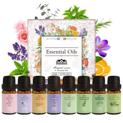 8-teiliges Set reiner ätherischer Öle für Diffuser, Haushalt, Kerzen, Seife, Reinigung, Parfüm, Wäsche – Pfefferminze, Lavendel, Rose, Nelke – Bio-Aromatherapie für Frauen und Mütter, je 10 ml, Geschenk zum Muttertag