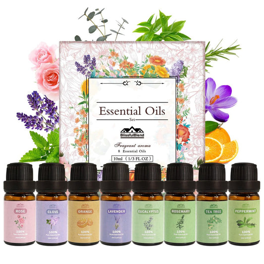 8-teiliges Set reiner ätherischer Öle für Diffuser, Haushalt, Kerzen, Seife, Reinigung, Parfüm, Wäsche – Pfefferminze, Lavendel, Rose, Nelke – Bio-Aromatherapie für Frauen und Mütter, je 10 ml, Geschenk zum Muttertag