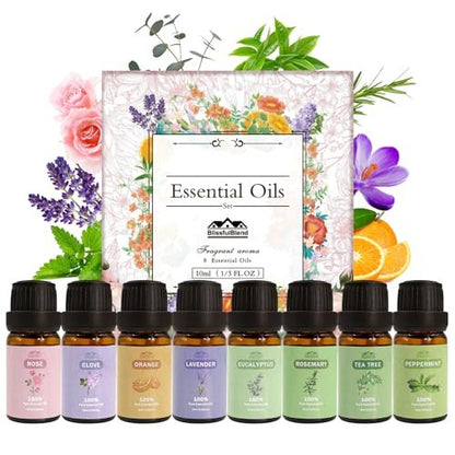 8-teiliges Set reiner ätherischer Öle für Diffuser, Haushalt, Kerzen, Seife, Reinigung, Parfüm, Wäsche – Pfefferminze, Lavendel, Rose, Nelke – Bio-Aromatherapie für Frauen und Mütter, je 10 ml, Geschenk zum Muttertag