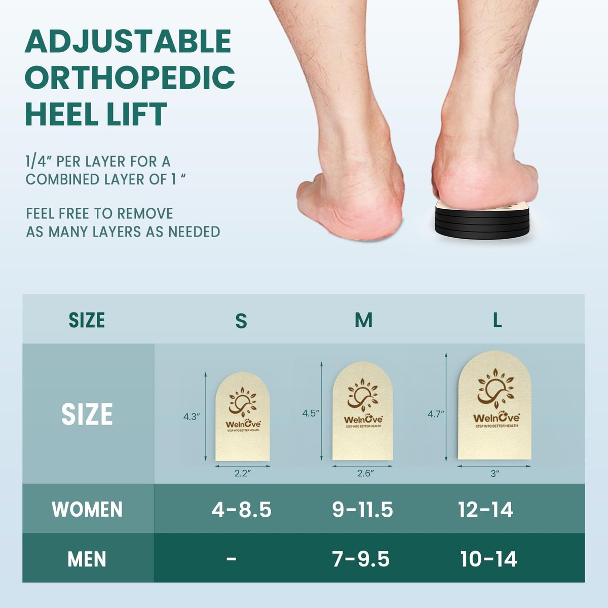 Welnove Fersenerhöhung für ungleiche Beine - 4 Schichten verstellbare orthopädische Schuherhöhung für Frauen und Männer bei Beinlängendifferenz, Fersensporn-Schmerzen - Erhöhung um 1/4", 1/2", 3/4", 1 Zoll, Medium, Beige