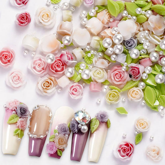 100 Stück 3D Kamelien Rosen Blumen Nail Art Charms mit Nagelperlen, süße Blätter Blumen Nagel Charms für Acrylnägel, bunte Blumen für Nageldesign, Harz Charms