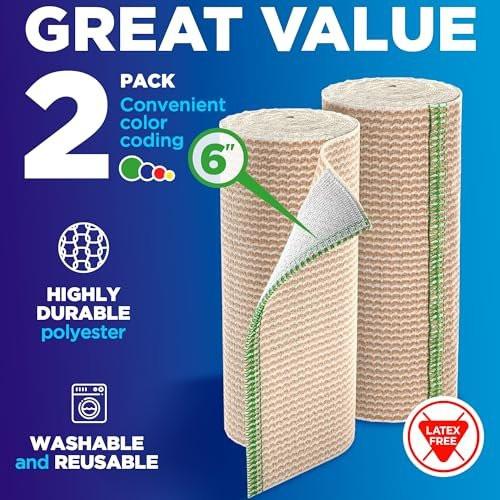 Mighty-X Premium Elastische Binde 15 cm (2er-Pack) - Starke Kompression - Selbstschließende Wiederverwendbare Bandagen für Beine, Knie, Rücken, Bauch, Lymphödem - Bauchwickel - für Erste-Hilfe-Set & Nach Operation