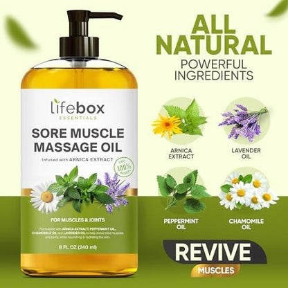 Arnica Muskel- und Gelenkmassageöl – 100% rein & natürlich – Massagetherapie für Muskeln & Gelenke – Körperöl mit Arnikaextrakt, Lavendelöl, Pfefferminzöl & Kamillenöl – 240 ml