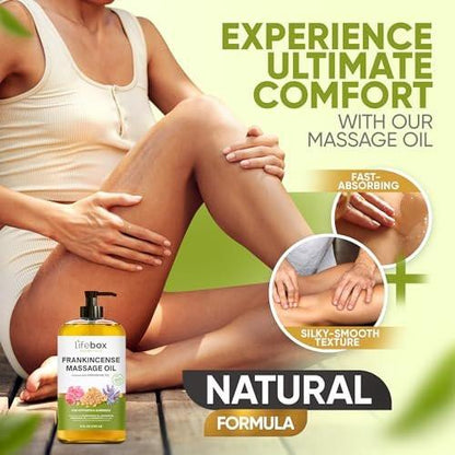 Weihrauch Massageöl – 100% rein & natürlich – Massagetherapieöl gegen Muskelkater & Verspannungen – Körperöl für Dehnungsstreifen & Narben, angereichert mit Weihrauch- und Geranienöl – 240 ml