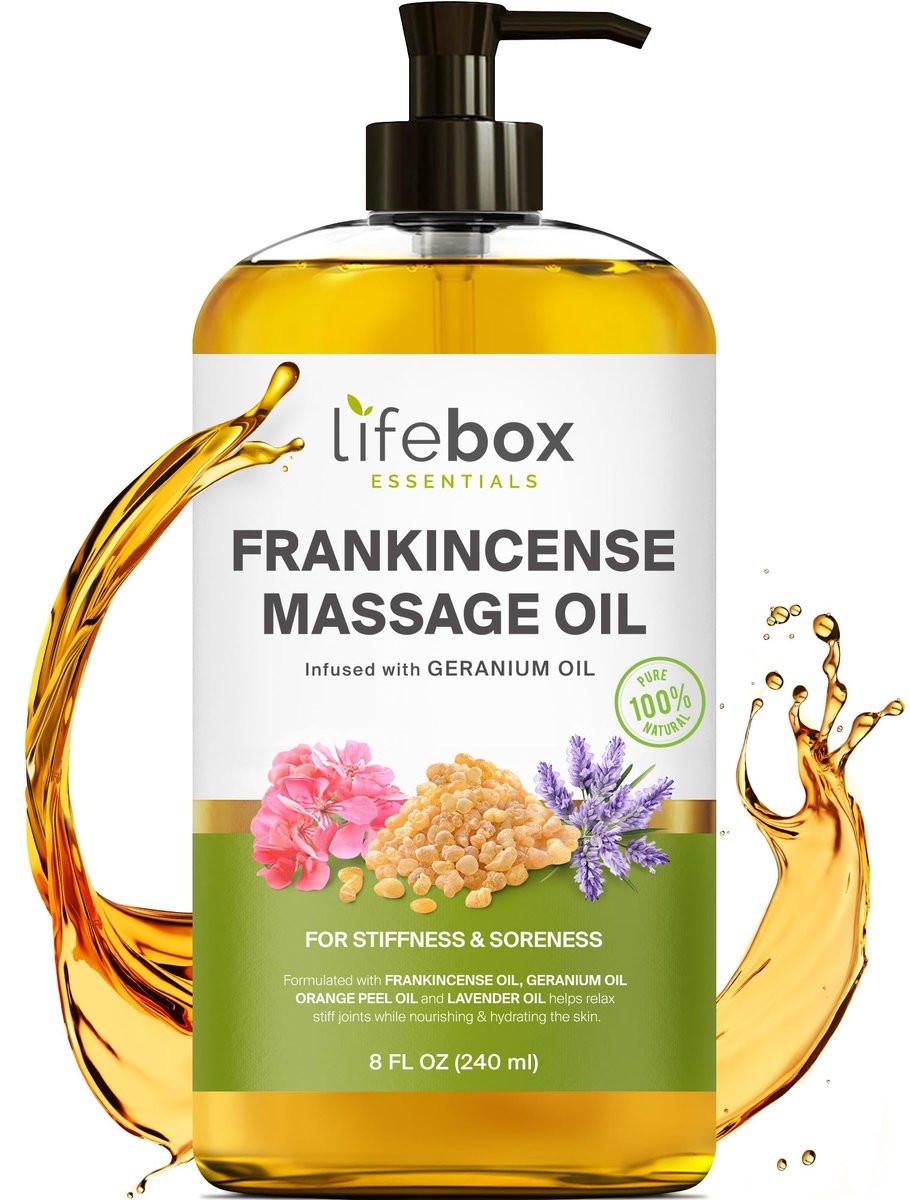 Weihrauch Massageöl – 100% rein & natürlich – Massagetherapieöl gegen Muskelkater & Verspannungen – Körperöl für Dehnungsstreifen & Narben, angereichert mit Weihrauch- und Geranienöl – 240 ml