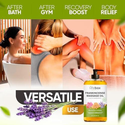 Weihrauch Massageöl – 100% rein & natürlich – Massagetherapieöl gegen Muskelkater & Verspannungen – Körperöl für Dehnungsstreifen & Narben, angereichert mit Weihrauch- und Geranienöl – 240 ml