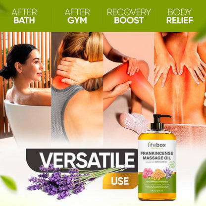 Weihrauch Massageöl – 100% rein & natürlich – Massagetherapieöl gegen Muskelkater & Verspannungen – Körperöl für Dehnungsstreifen & Narben, angereichert mit Weihrauch- und Geranienöl – 240 ml