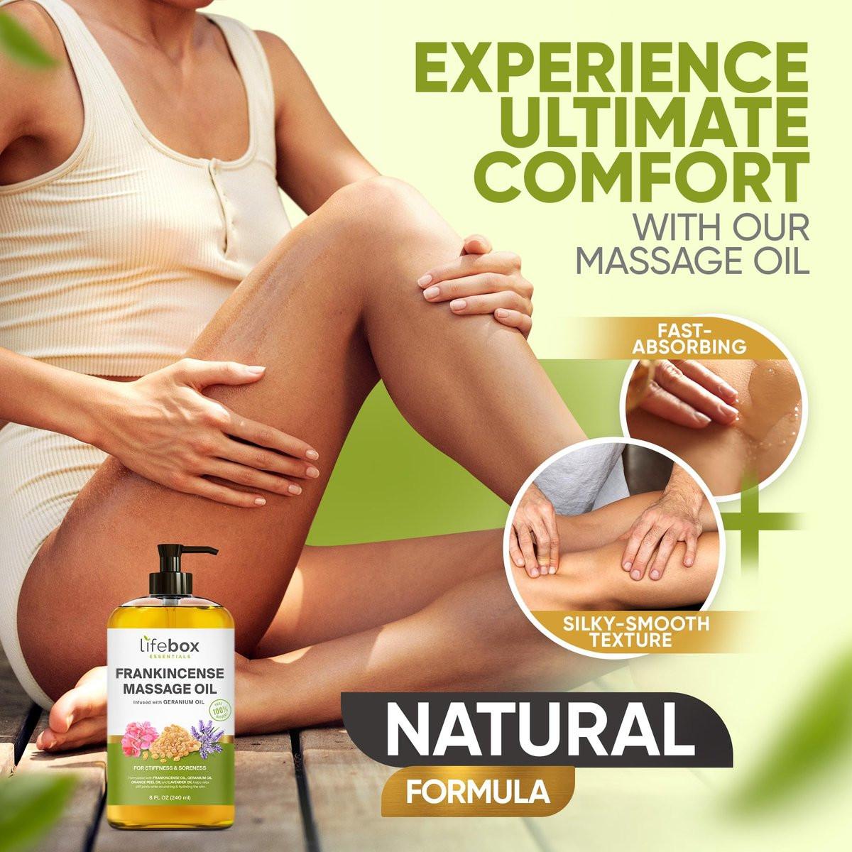 Weihrauch Massageöl – 100% rein & natürlich – Massagetherapieöl gegen Muskelkater & Verspannungen – Körperöl für Dehnungsstreifen & Narben, angereichert mit Weihrauch- und Geranienöl – 240 ml