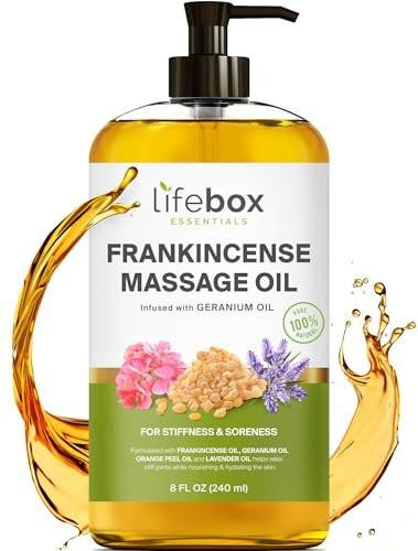 Weihrauch Massageöl – 100% rein & natürlich – Massagetherapieöl gegen Muskelkater & Verspannungen – Körperöl für Dehnungsstreifen & Narben, angereichert mit Weihrauch- und Geranienöl – 240 ml