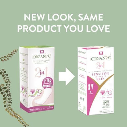 Organyc 100% zertifizierte Bio-Baumwoll Slipeinlagen 2 in 1 für Damen – Passend für Tanga oder normale Unterwäsche, leichte Blutung, 20 Stück