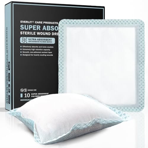 EVERLIT Super Saugfähiger Wundverband | Nicht haftende weiche chirurgische Gaze für stark nässende Wunden | Großer steriler nicht klebender Verband für schnelle Wundheilung | Packung mit 10 (15 x 15 cm)