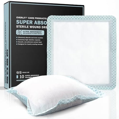 EVERLIT Super Saugfähiger Wundverband | Nicht haftende weiche chirurgische Gaze für stark nässende Wunden | Großer steriler nicht klebender Verband für schnelle Wundheilung | Packung mit 10 (15 x 15 cm)
