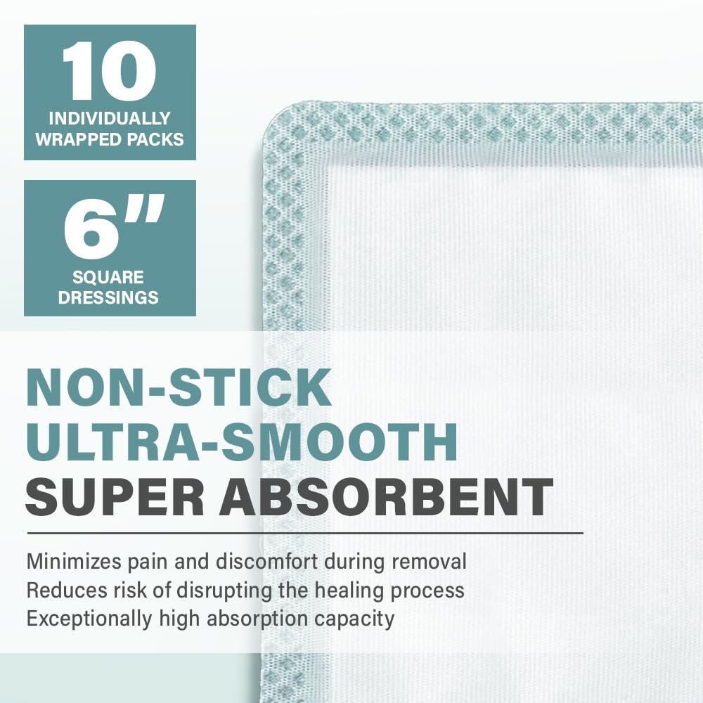 EVERLIT Super Saugfähiger Wundverband | Nicht haftende weiche chirurgische Gaze für stark nässende Wunden | Großer steriler nicht klebender Verband für schnelle Wundheilung | Packung mit 10 (15 x 15 cm)