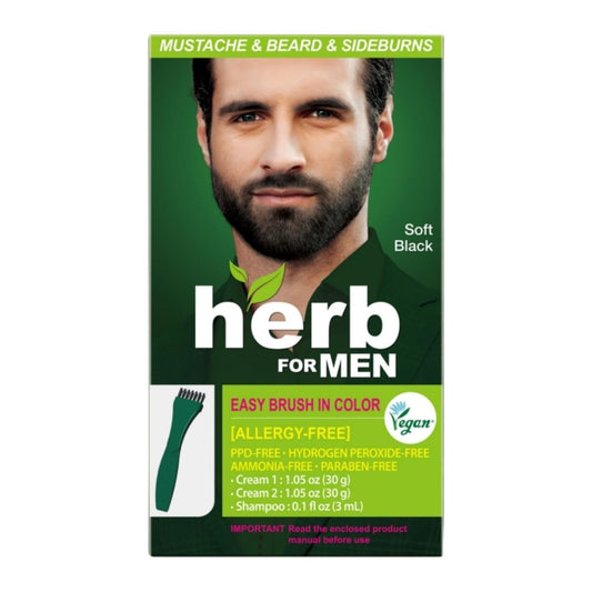 Herb For Men Schnurrbart- & Bartfarbe (Soft Black, 1 Pack), PPD-frei, ammoniakfrei, vegan mit natürlichen Inhaltsstoffen, sanft für empfindliche Haut, keine Hautreizungen