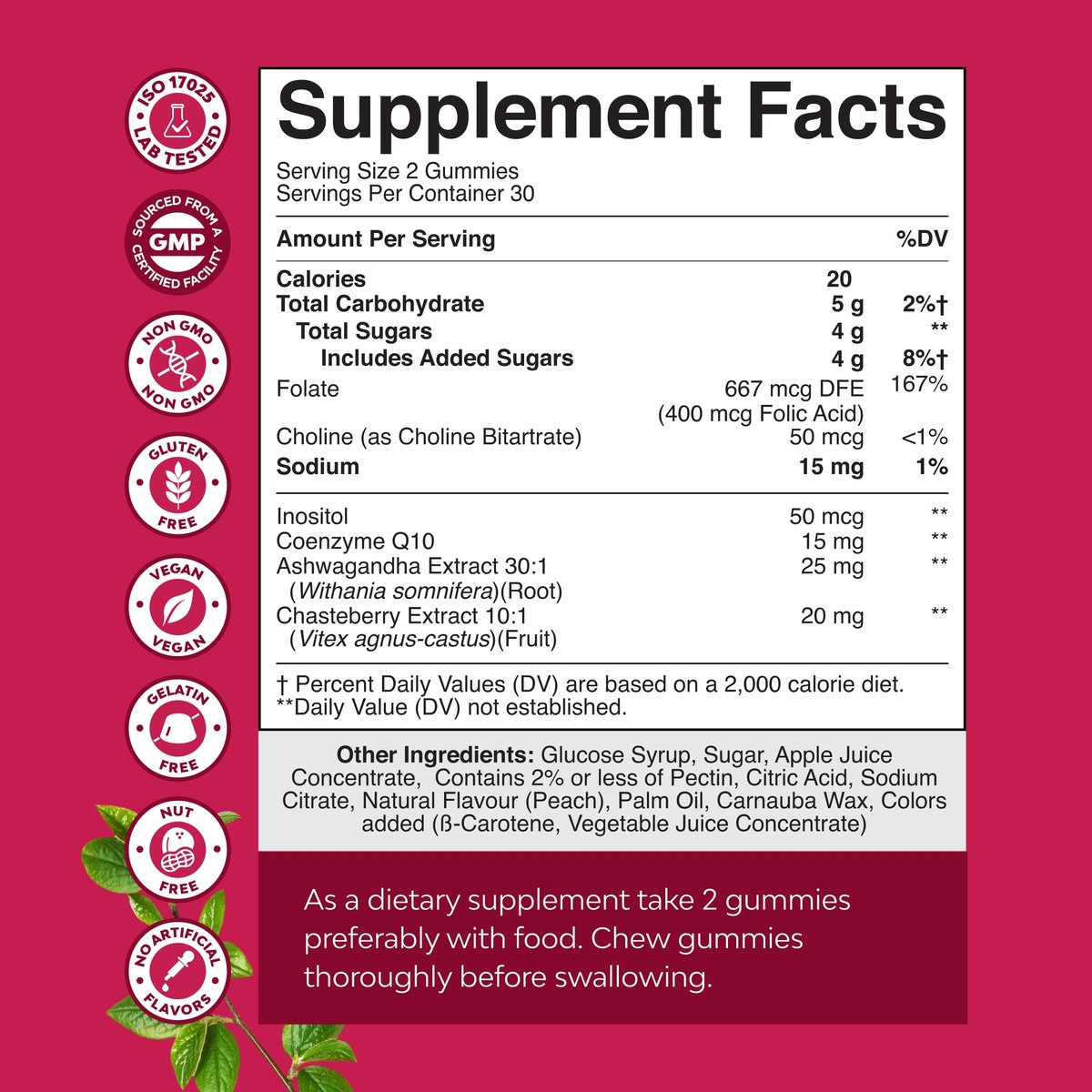 Fruchtbarkeits-Gummibärchen für Frauen – Myo-Inositol, Folsäure & Mönchspfeffer – Vegan, glutenfrei – Saftiger Pfirsich – 60 Stück