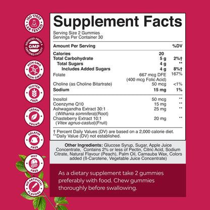 Fruchtbarkeits-Gummibärchen für Frauen – Myo-Inositol, Folsäure & Mönchspfeffer – Vegan, glutenfrei – Saftiger Pfirsich – 60 Stück
