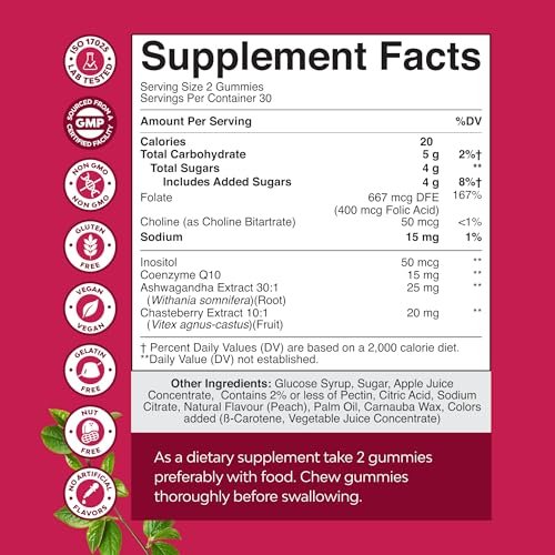 Fruchtbarkeits-Gummibärchen für Frauen – Myo-Inositol, Folsäure & Mönchspfeffer – Vegan, glutenfrei – Saftiger Pfirsich – 60 Stück