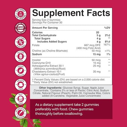 Fruchtbarkeits-Gummibärchen für Frauen – Myo-Inositol, Folsäure & Mönchspfeffer – Vegan, glutenfrei – Saftiger Pfirsich – 60 Stück