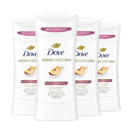 Dove Advanced Care Antiperspirant Deodorant Stick Pfirsich & Kamillentee – 4er-Pack, 2,6 oz – 72h Geruchskontrolle & ganztägiger Schutz – Hilft der Hautbarriere nach der Rasur