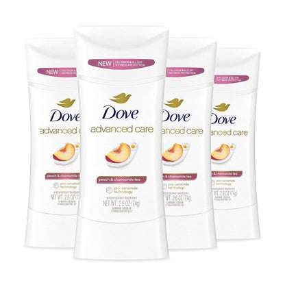 Dove Advanced Care Antiperspirant Deodorant Stick Pfirsich & Kamillentee – 4er-Pack, 2,6 oz – 72h Geruchskontrolle & ganztägiger Schutz – Hilft der Hautbarriere nach der Rasur