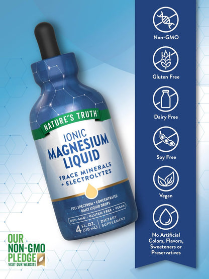 Nature's Truth Ionische Magnesium Flüssigkeitstropfen mit Elektrolyten & Spurenelementen - 200 mg, 118 ml - Vegan, Nicht-GVO & Glutenfrei
