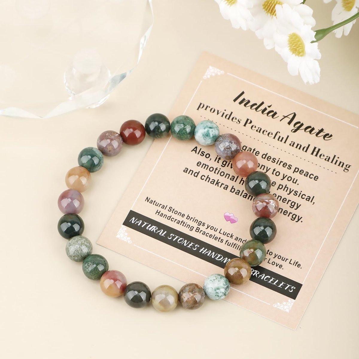 AD Beads Handgefertigtes Edelstein-Armband aus Indian Achat – Dehnbares Reiki-Heilarmband für spirituelle Energie und natürliche Schönheit (8 mm, Unisex)