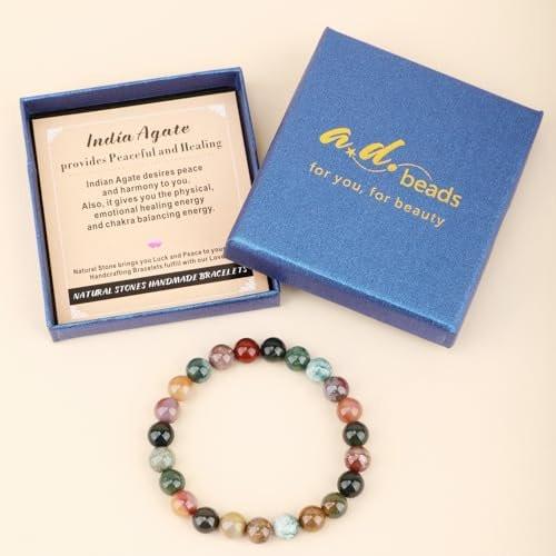 AD Beads Handgefertigtes Edelstein-Armband aus Indian Achat – Dehnbares Reiki-Heilarmband für spirituelle Energie und natürliche Schönheit (8 mm, Unisex)