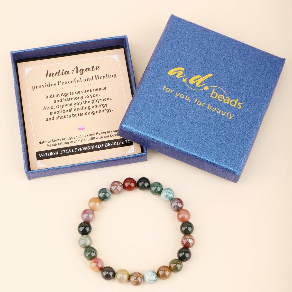 AD Beads Handgefertigtes Edelstein-Armband aus Indian Achat – Dehnbares Reiki-Heilarmband für spirituelle Energie und natürliche Schönheit (8 mm, Unisex)