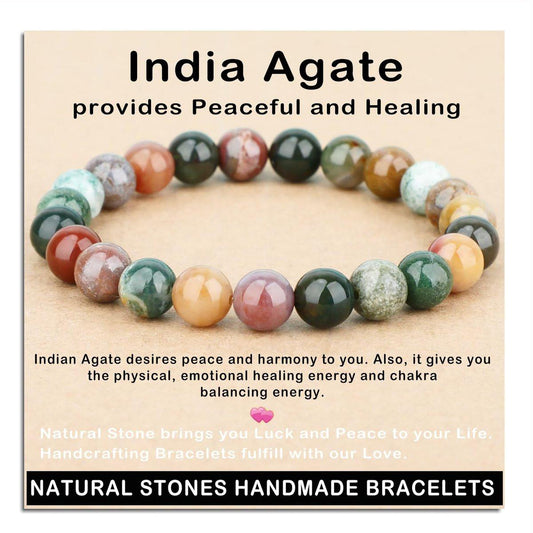 AD Beads Handgefertigtes Edelstein-Armband aus Indian Achat – Dehnbares Reiki-Heilarmband für spirituelle Energie und natürliche Schönheit (8 mm, Unisex)