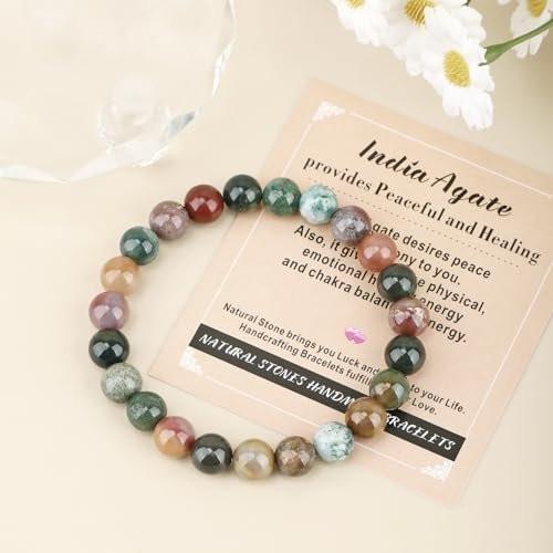 AD Beads Handgefertigtes Edelstein-Armband aus Indian Achat – Dehnbares Reiki-Heilarmband für spirituelle Energie und natürliche Schönheit (8 mm, Unisex)