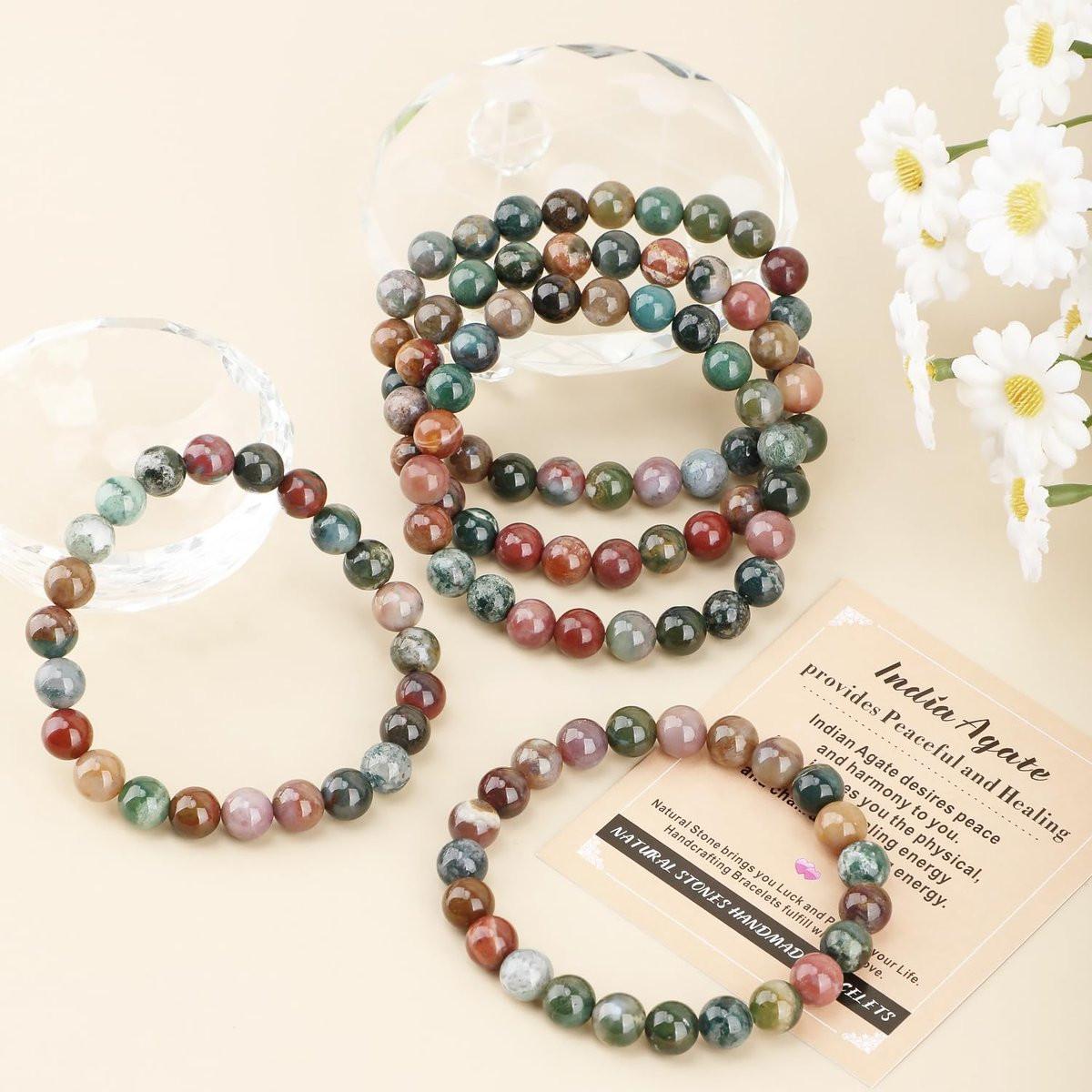 AD Beads Handgefertigtes Edelstein-Armband aus Indian Achat – Dehnbares Reiki-Heilarmband für spirituelle Energie und natürliche Schönheit (8 mm, Unisex)