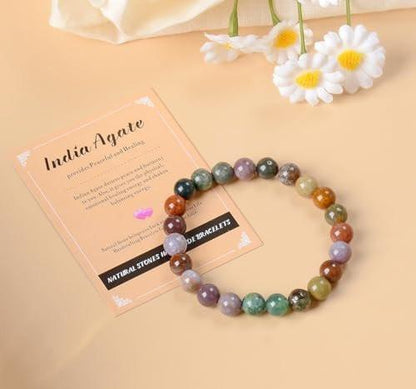 AD Beads Handgefertigtes Edelstein-Armband aus Indian Achat – Dehnbares elastisches Armband für Heilung, Reiki und spirituelle Energie – Unisex, 4 mm Perlen
