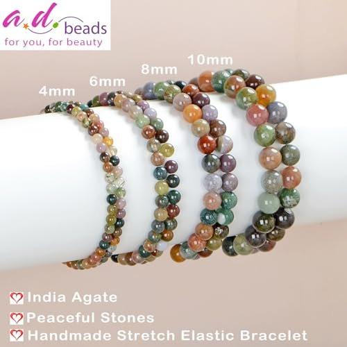AD Beads Handgefertigtes Edelstein-Armband aus Indian Achat – Dehnbares elastisches Armband für Heilung, Reiki und spirituelle Energie – Unisex, 4 mm Perlen