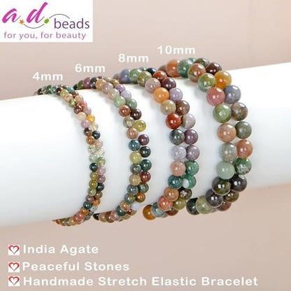 AD Beads Handgefertigtes Edelstein-Armband aus Indian Achat – Dehnbares elastisches Armband für Heilung, Reiki und spirituelle Energie – Unisex, 4 mm Perlen