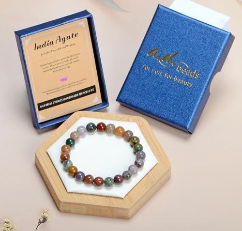 AD Beads Handgefertigtes Edelstein-Armband aus Indian Achat – Dehnbares elastisches Armband für Heilung, Reiki und spirituelle Energie – Unisex, 4 mm Perlen