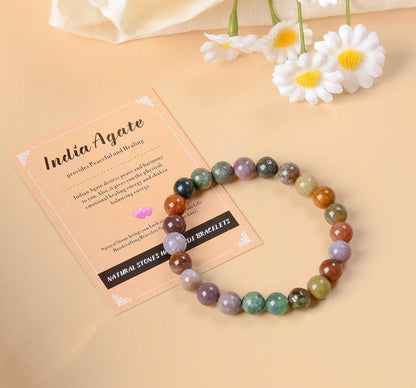 AD Beads Handgefertigtes Edelstein-Armband aus Indian Achat – Dehnbares elastisches Armband für Heilung, Reiki und spirituelle Energie – Unisex, 4 mm Perlen