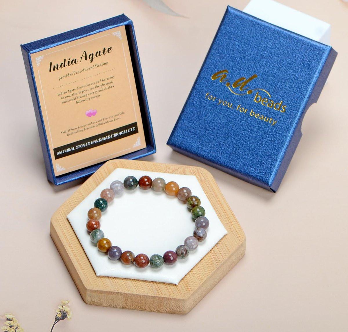 AD Beads Handgefertigtes Edelstein-Armband aus Indian Achat – Dehnbares elastisches Armband für Heilung, Reiki und spirituelle Energie – Unisex, 4 mm Perlen