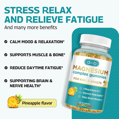 dilib Magnesium Komplex Gummibärchen für Kinder & Erwachsene – Beruhigende Kaugummis mit Magnesiumglycinat, Taurat, Citrat, Malat – Unterstützt Ruhe, Stressabbau, Knochen, Muskeln, Stimmung – Vegan, 60 Stück (1er-Pack)