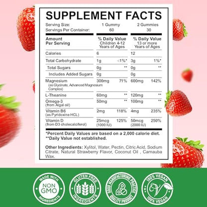 Magnesium Complex Gummies – Beruhigende, kaubare Gummibärchen für Kinder und Erwachsene – Magnesiumglycinat mit Omega-3, Vitamin B6, D3 – Unterstützt Ruhe, Stressabbau, Knochen, Stimmung – Erdbeergeschmack – 60 Stück