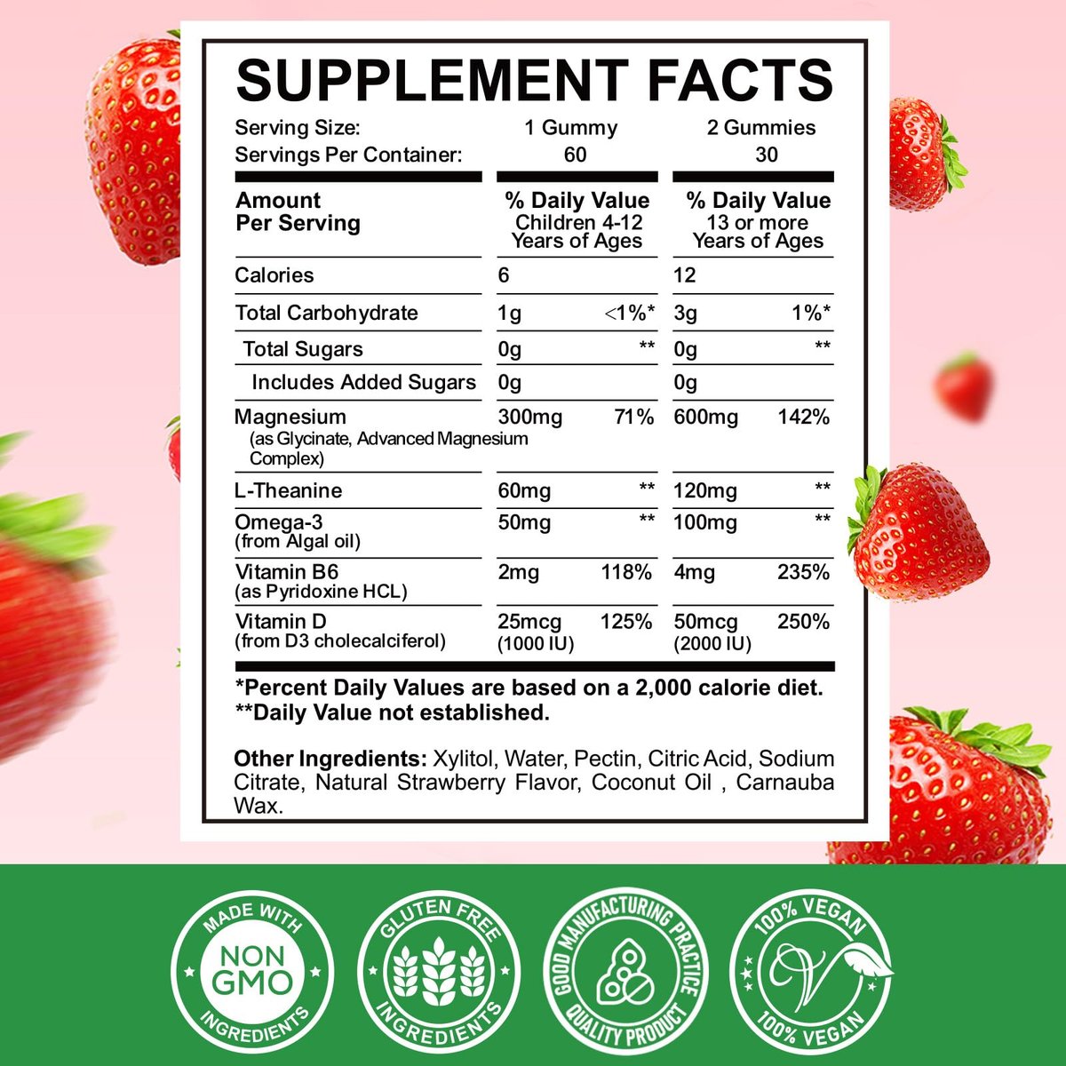 Magnesium Complex Gummies – Beruhigende, kaubare Gummibärchen für Kinder und Erwachsene – Magnesiumglycinat mit Omega-3, Vitamin B6, D3 – Unterstützt Ruhe, Stressabbau, Knochen, Stimmung – Erdbeergeschmack – 60 Stück
