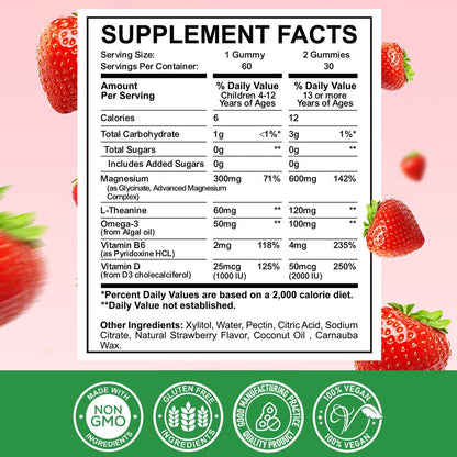 Magnesium Complex Gummies – Beruhigende, kaubare Gummibärchen für Kinder und Erwachsene – Magnesiumglycinat mit Omega-3, Vitamin B6, D3 – Unterstützt Ruhe, Stressabbau, Knochen, Stimmung – Erdbeergeschmack – 60 Stück