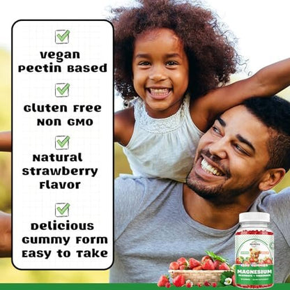 Magnesium Complex Gummies – Beruhigende, kaubare Gummibärchen für Kinder und Erwachsene – Magnesiumglycinat mit Omega-3, Vitamin B6, D3 – Unterstützt Ruhe, Stressabbau, Knochen, Stimmung – Erdbeergeschmack – 60 Stück