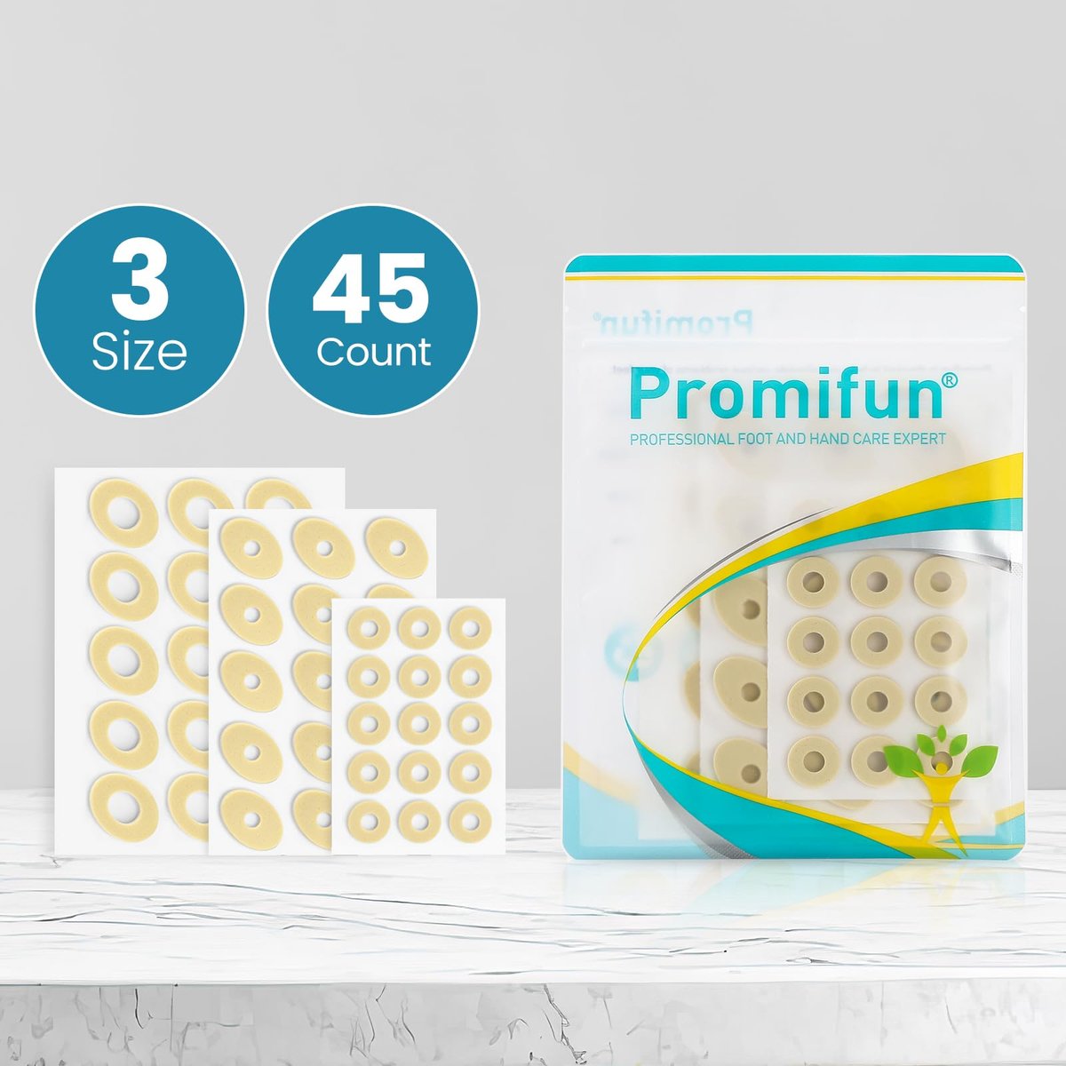 Promifun Maispflaster für Zehen und Füße - Hornhautpflaster zum Schutz von Druckstellen mit Schaumstoffpolsterung - Selbstklebende Pads - Lindert Schmerzen, Druck und Reibung durch Schuhe (Mehrere Größen, 45 Stück)