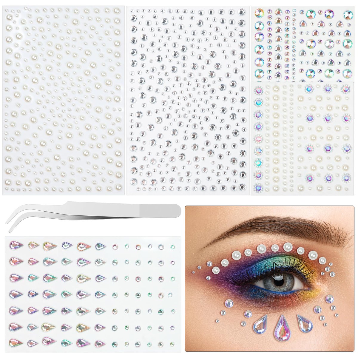 Riceduo 1034-teiliges Set mit Gesichtssteinen und Perlen für Make-up, selbstklebende Haar- und Gesichtsjuwelen für Frauen, Festival-Make-up-Rhinestone-Aufkleber für Gesicht, Haar, Augen und Körper