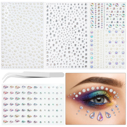 Riceduo 1034-teiliges Set mit Gesichtssteinen und Perlen für Make-up, selbstklebende Haar- und Gesichtsjuwelen für Frauen, Festival-Make-up-Rhinestone-Aufkleber für Gesicht, Haar, Augen und Körper