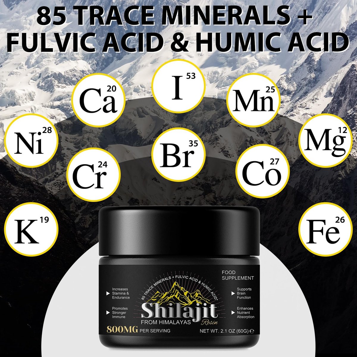 Shilajit Reines Himalaya-Harz – Reines Shilajit mit über 85 Spurenelementen & Fulvosäure für Energie und Immunsystem von Männern und Frauen, 60 g (4-Monats-Vorrat)